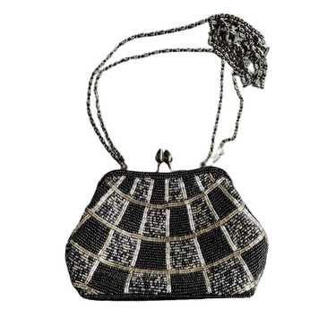 Vintage Black & Silver Beaded Small Clutch With Ch