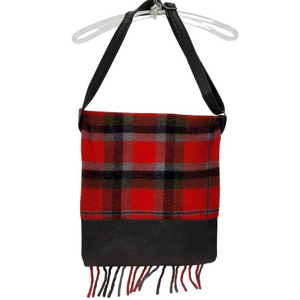 Vintage Plaid Tassel Fringe Wool Adjustable Cross… - image 1