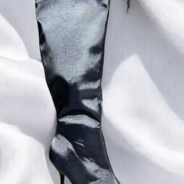 Size 7………Elegant Black Satin Knee High Boots w/fe… - image 1