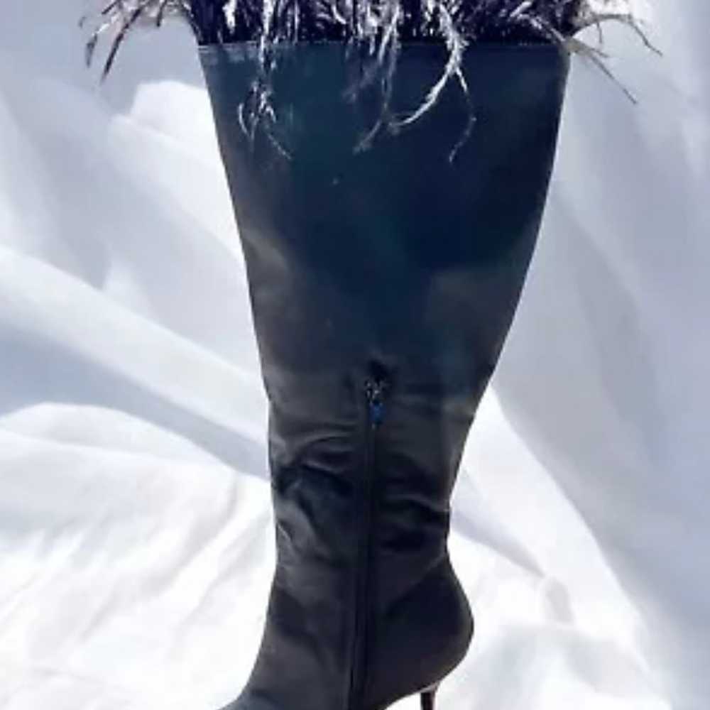 Size 7………Elegant Black Satin Knee High Boots w/fe… - image 2