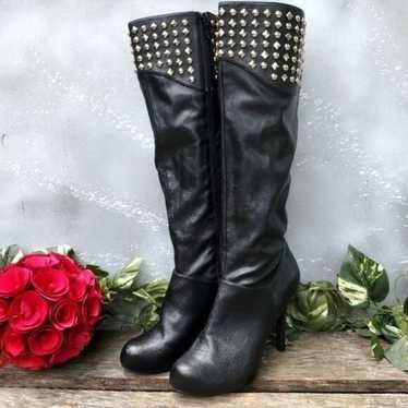 Black Knee High Boots Studded Bling Sexy Moto Bike