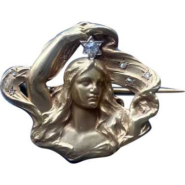 Art Nouveau French 18K gold diamond “Goddess of t… - image 1