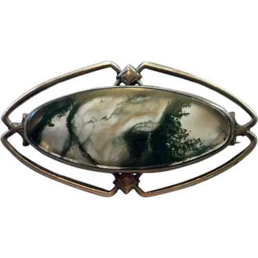 Moss Agate Sterling Antique Pin - Circa 1900