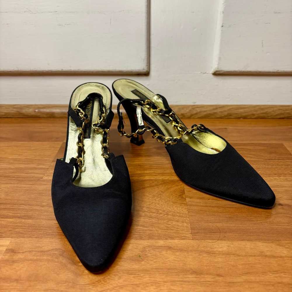 Vintage 90s Black Gold Pointed Toe Slingback Heel… - image 1