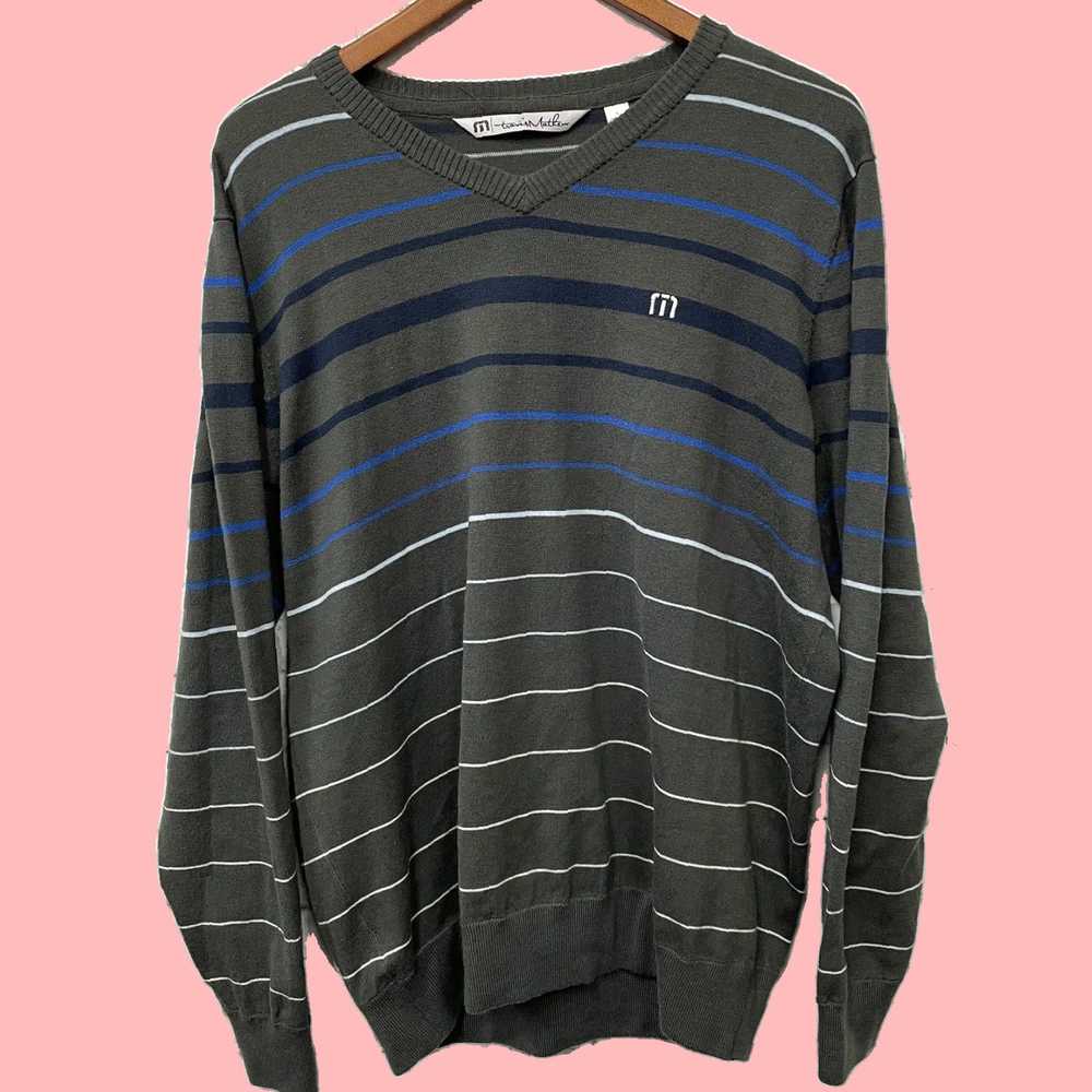 Vintage Gray Striped Acrylic Blend V Neck Sweater… - image 1