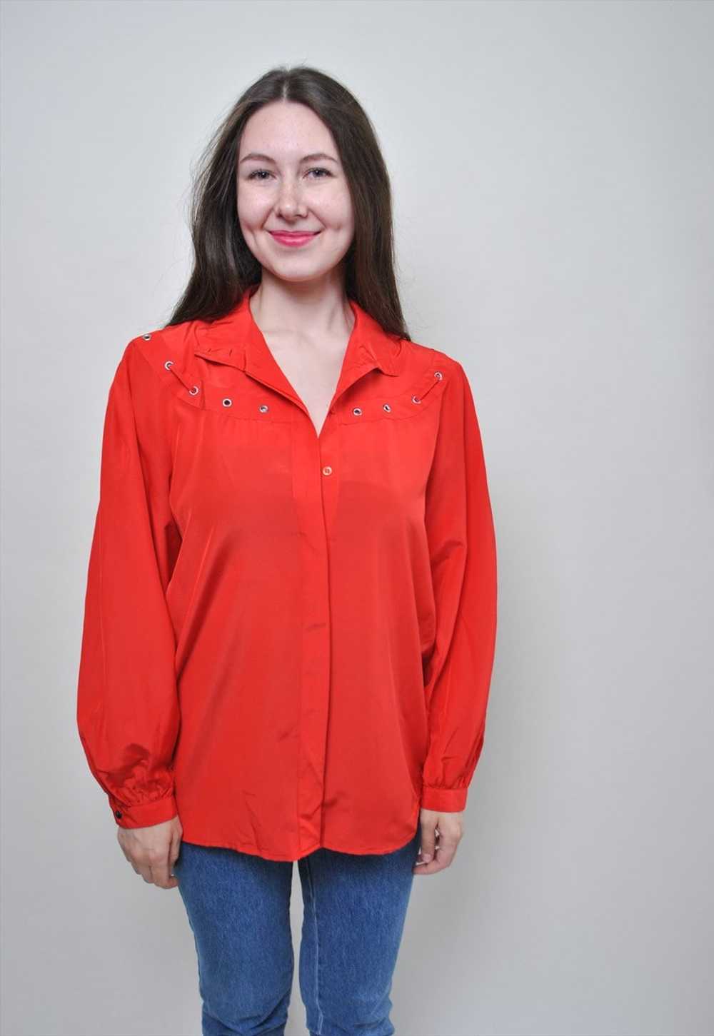 Vintage evening blouse, formal red button down sh… - image 1