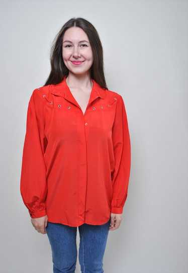 Vintage evening blouse, formal red button down sh… - image 1