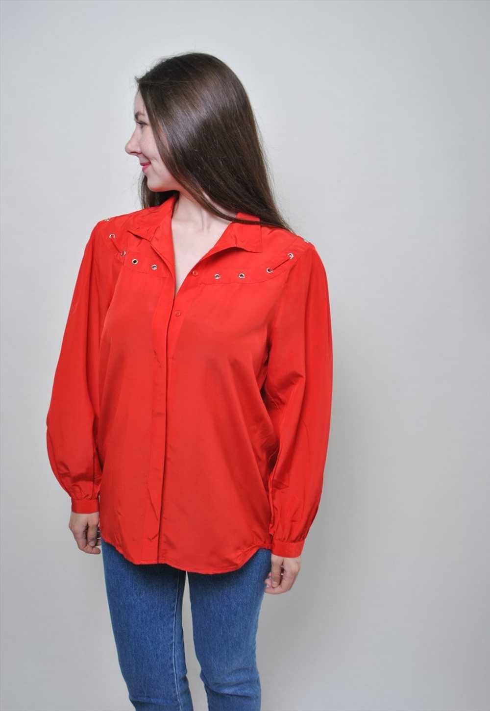 Vintage evening blouse, formal red button down sh… - image 2