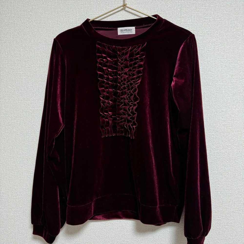 Velvet red wine-colored frill long-sleeve top ret… - image 1