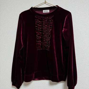 Velvet red wine-colored frill long-sleeve top ret… - image 1