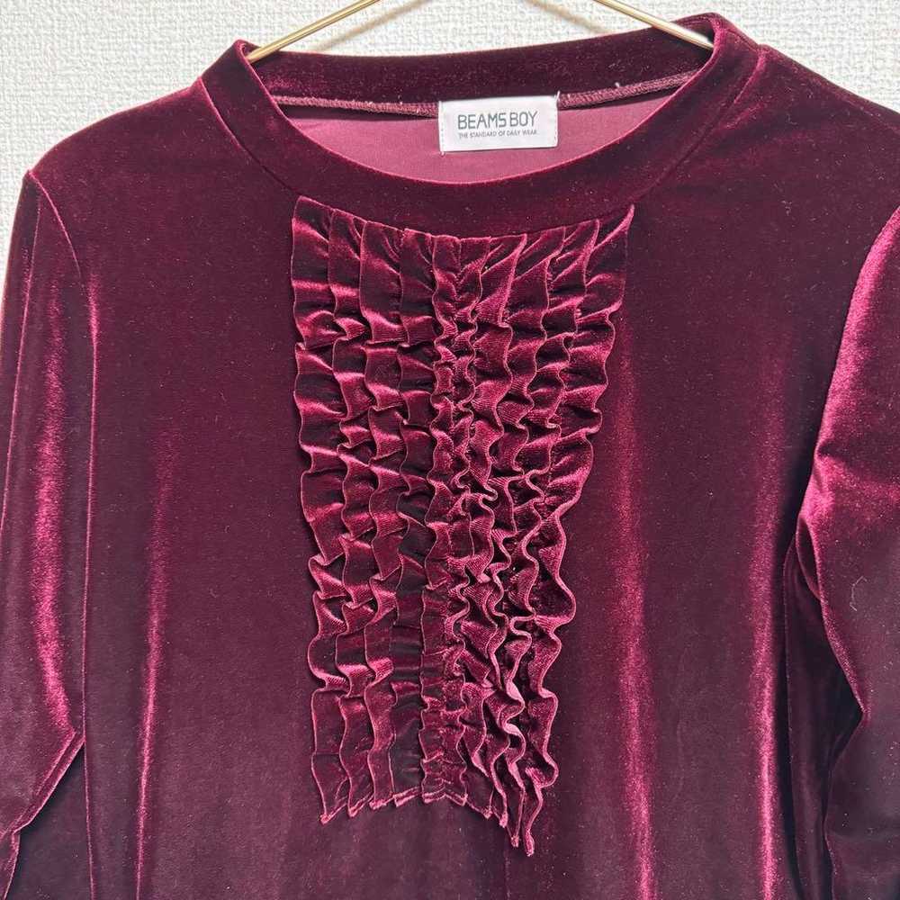 Velvet red wine-colored frill long-sleeve top ret… - image 2