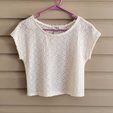 Vintage Y2K S cream lace short cap sleeve crochet… - image 1