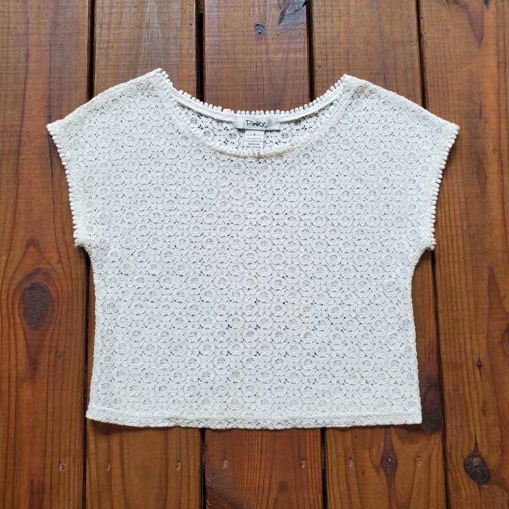 Vintage Y2K S cream lace short cap sleeve crochet… - image 3