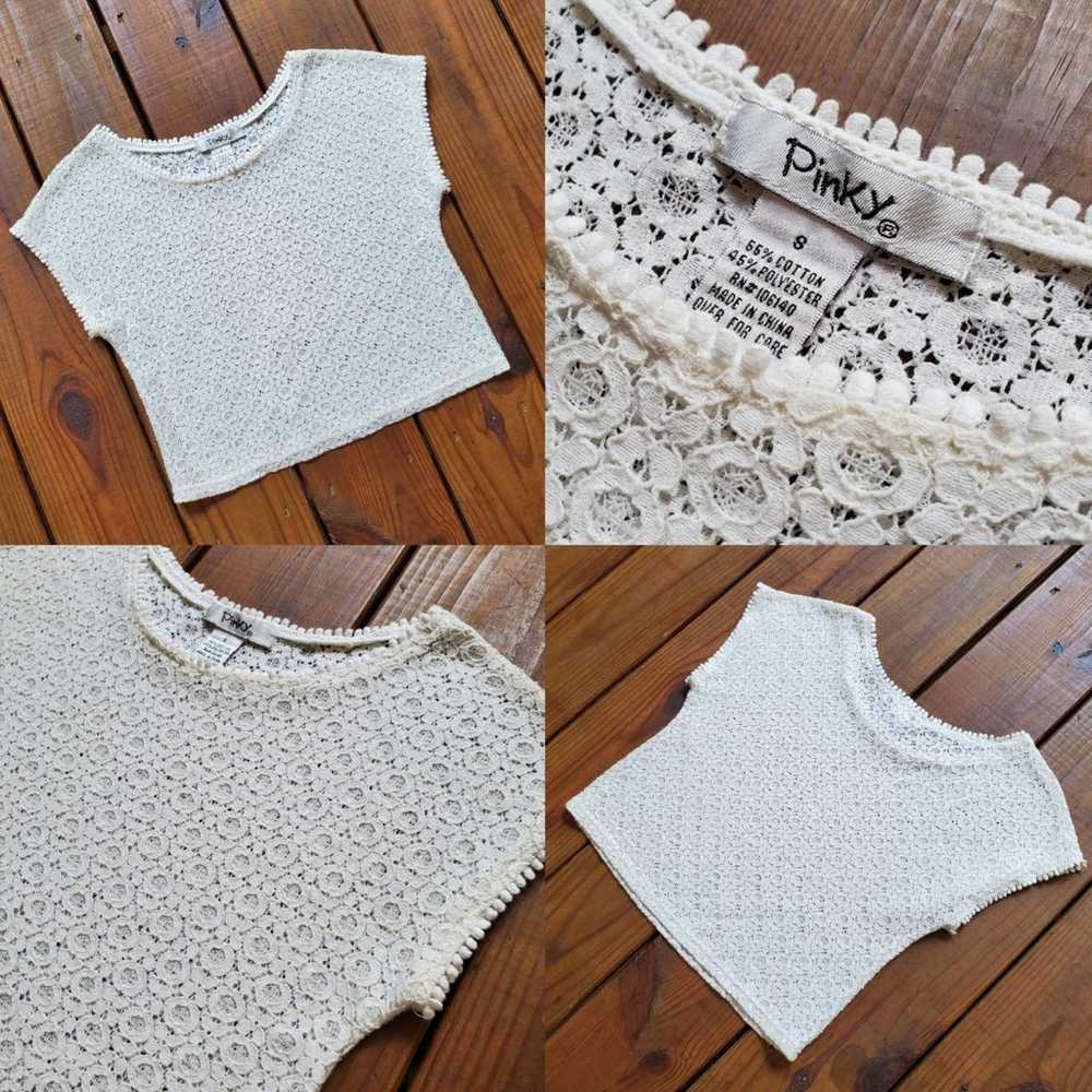 Vintage Y2K S cream lace short cap sleeve crochet… - image 6