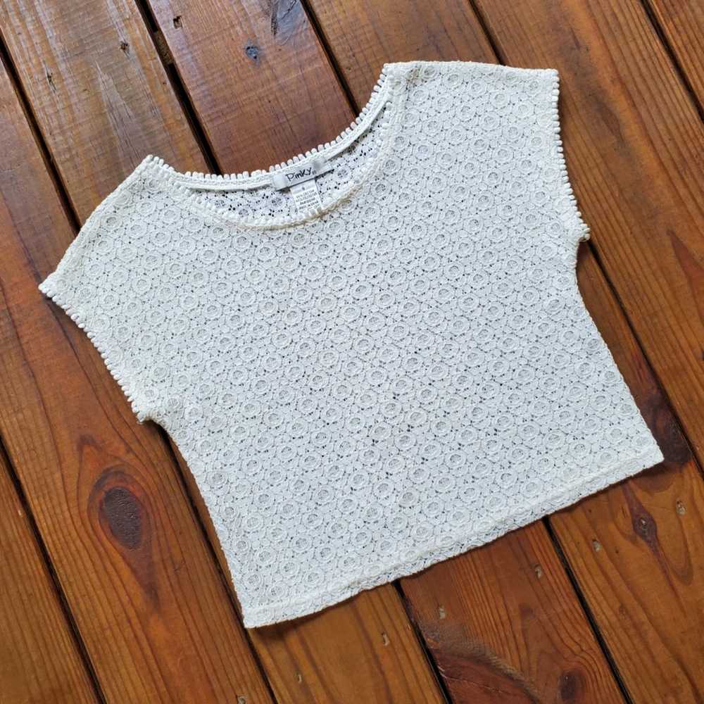 Vintage Y2K S cream lace short cap sleeve crochet… - image 7