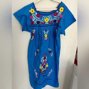 Mexican Handmade Puebla Dress Embroidered Blue Fl… - image 1