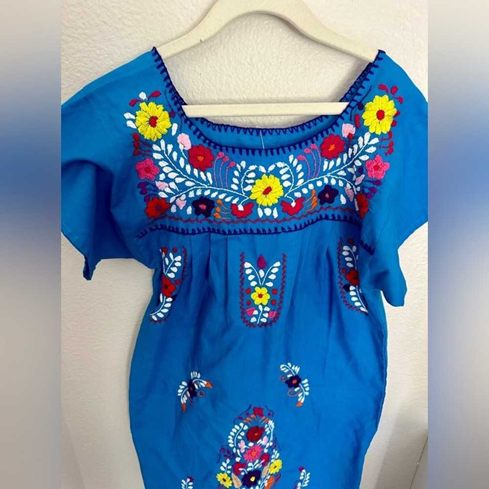 Mexican Handmade Puebla Dress Embroidered Blue Fl… - image 2