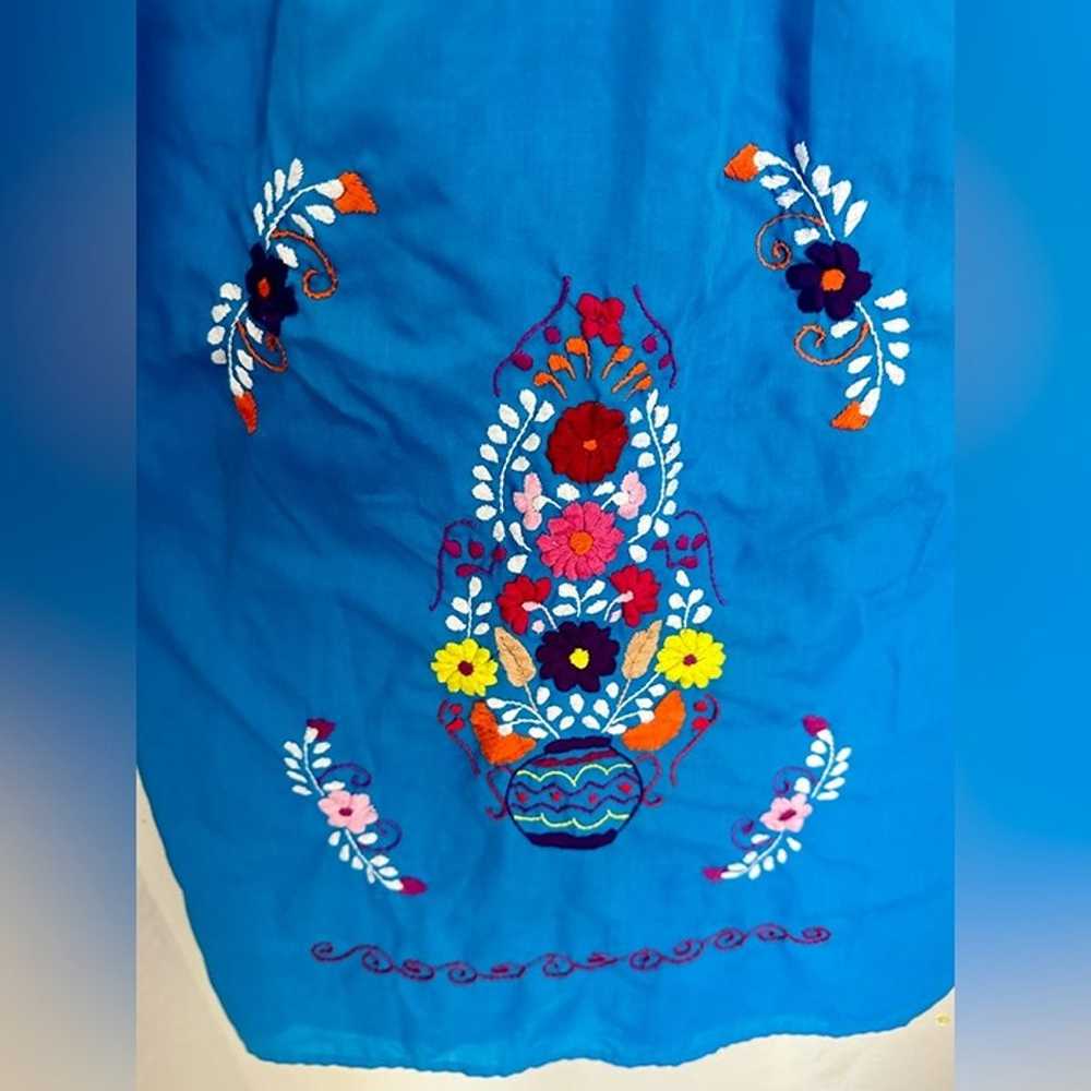 Mexican Handmade Puebla Dress Embroidered Blue Fl… - image 4