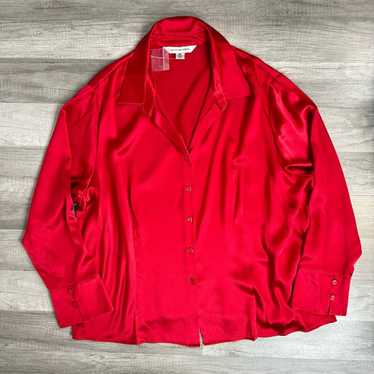 100% Silk Vintage August Max Red Button V-Neck Col