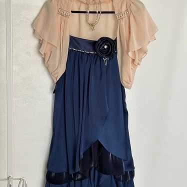 Party dress, occasion dress, navy, with necklace.