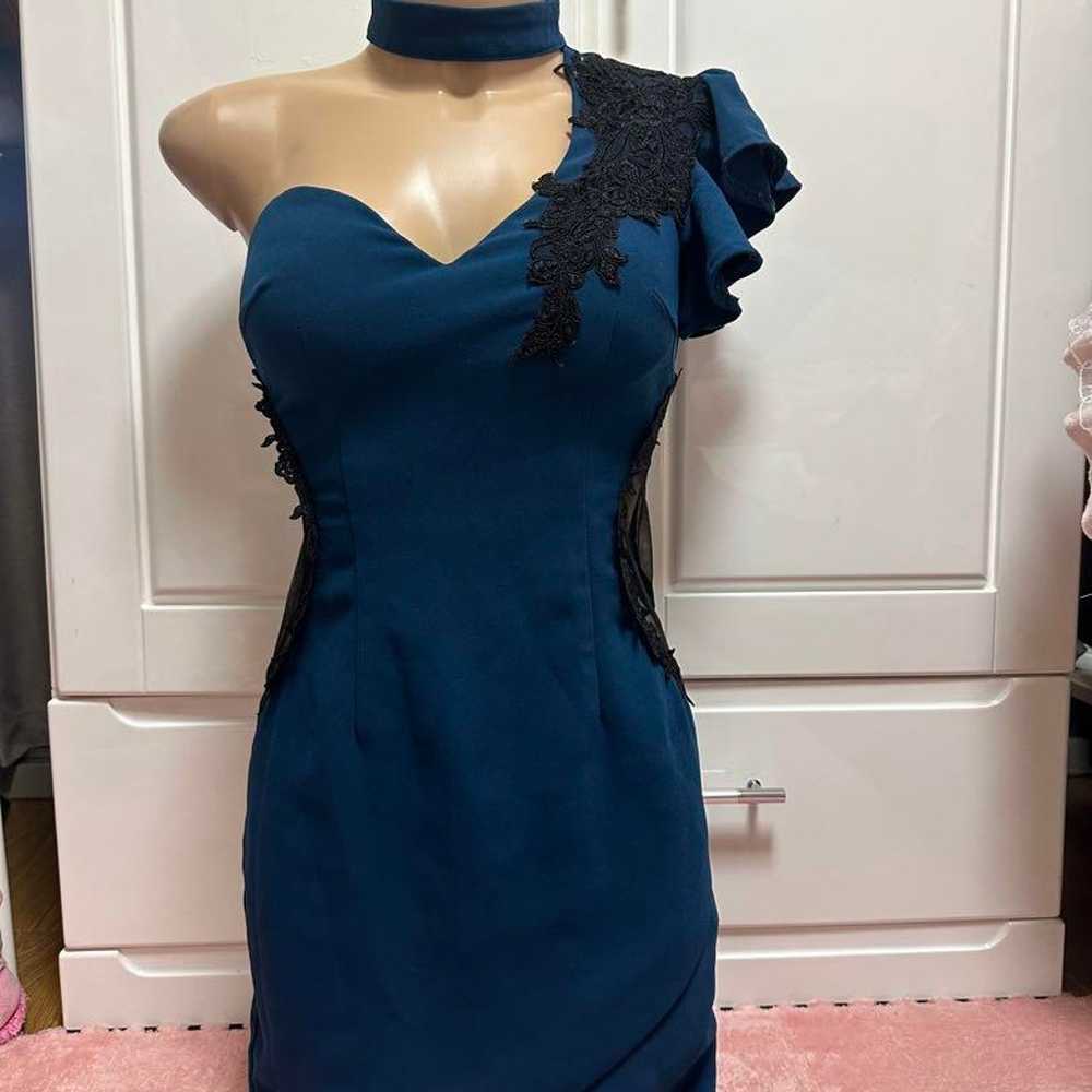 Dark Blue Tight Dress with Ruffles - image 1