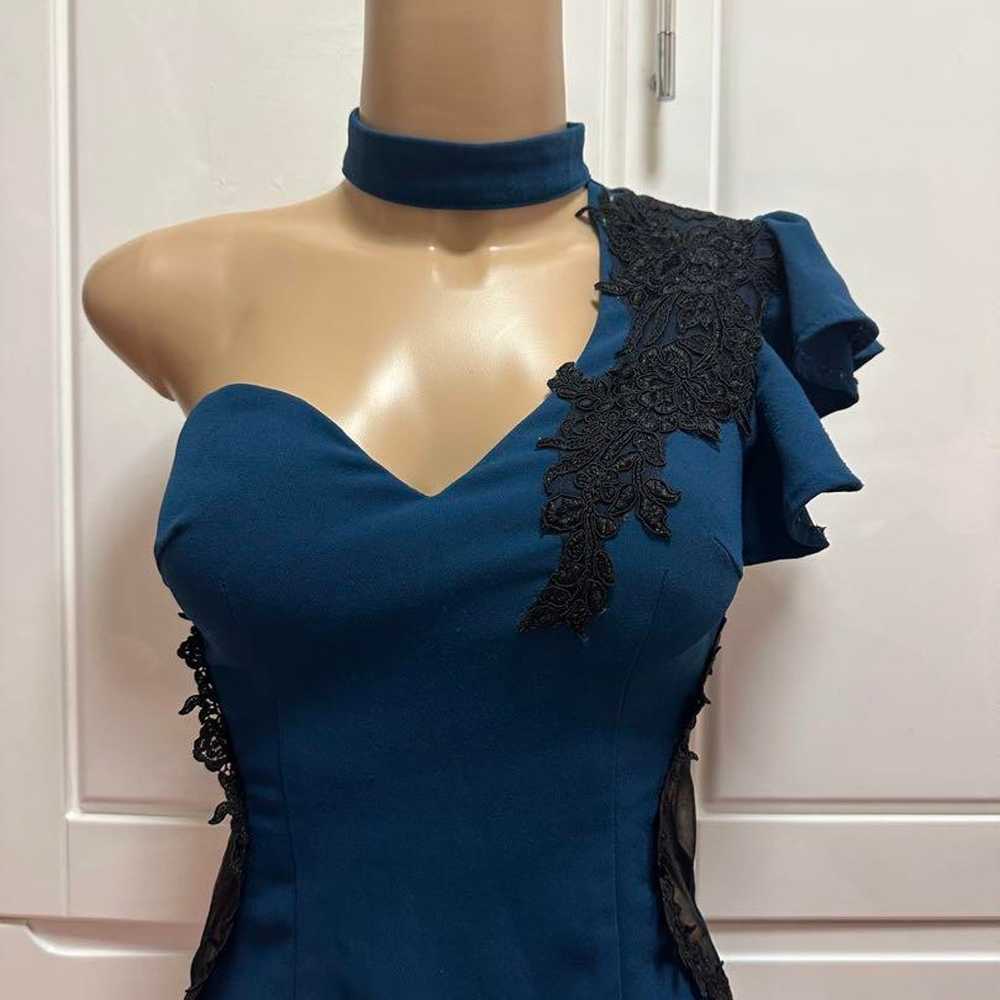 Dark Blue Tight Dress with Ruffles - image 2