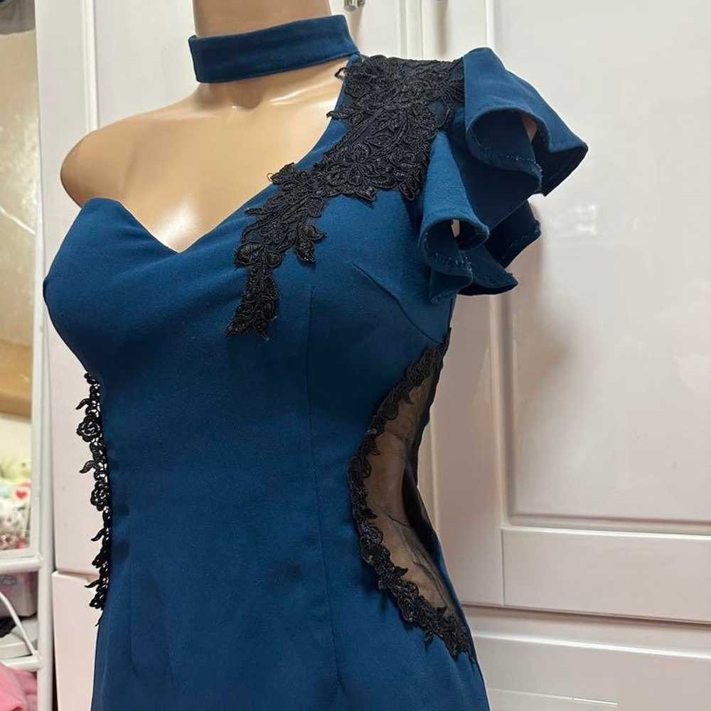 Dark Blue Tight Dress with Ruffles - image 3