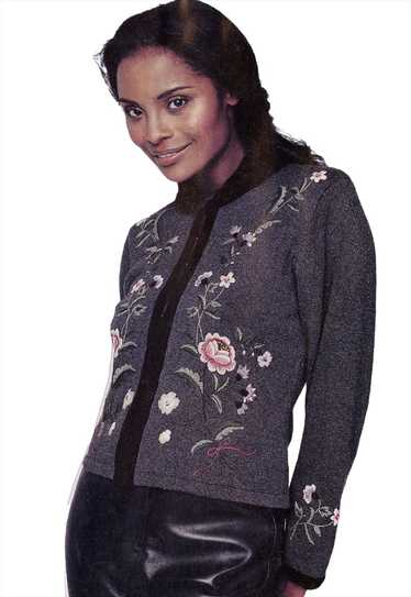 90s Vintage Floral Embroidery Cardigan with Velvet