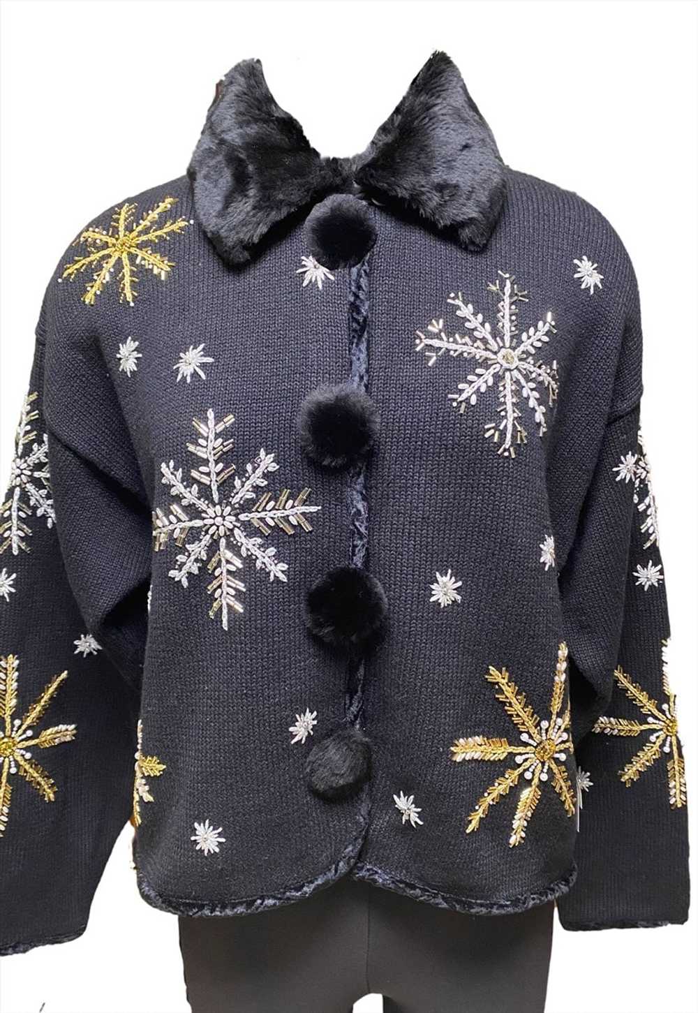 Snowflake Bling Fake Fur Trim Cardigan - image 3