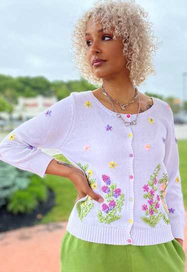 Vintage 90s Spring Cardigan with Ribbon Embroidery