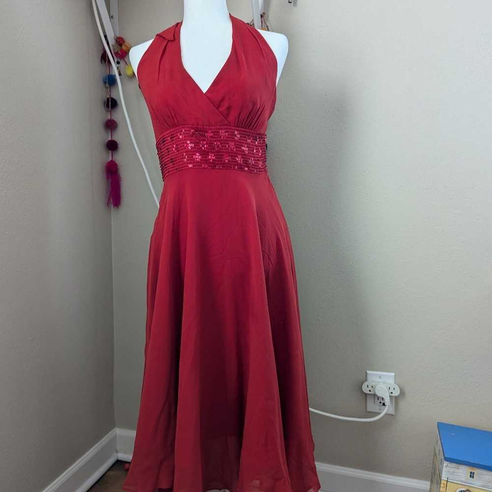 Vintage Red Silk Halter Top Midi Dress Small - image 10