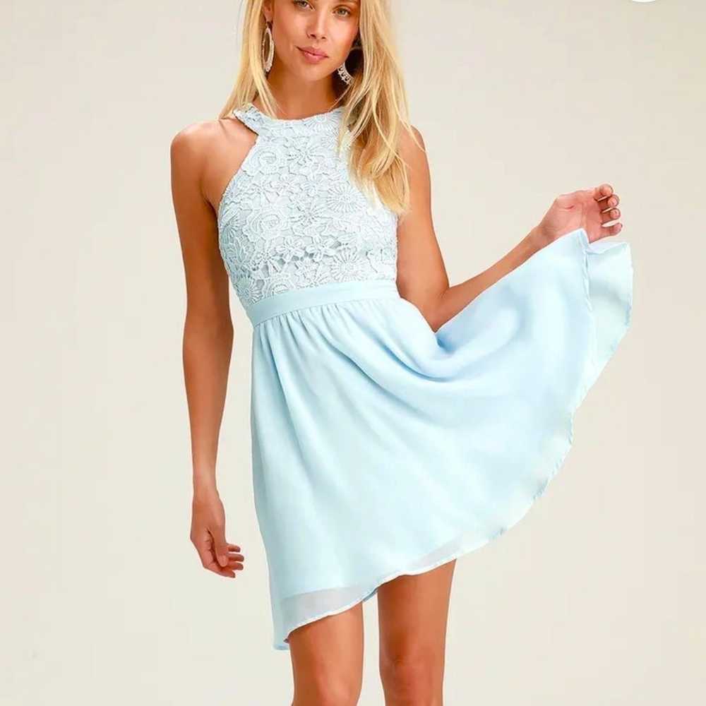 Lulus Lover's Game Baby Blue Lace Chiffon Halter … - image 1