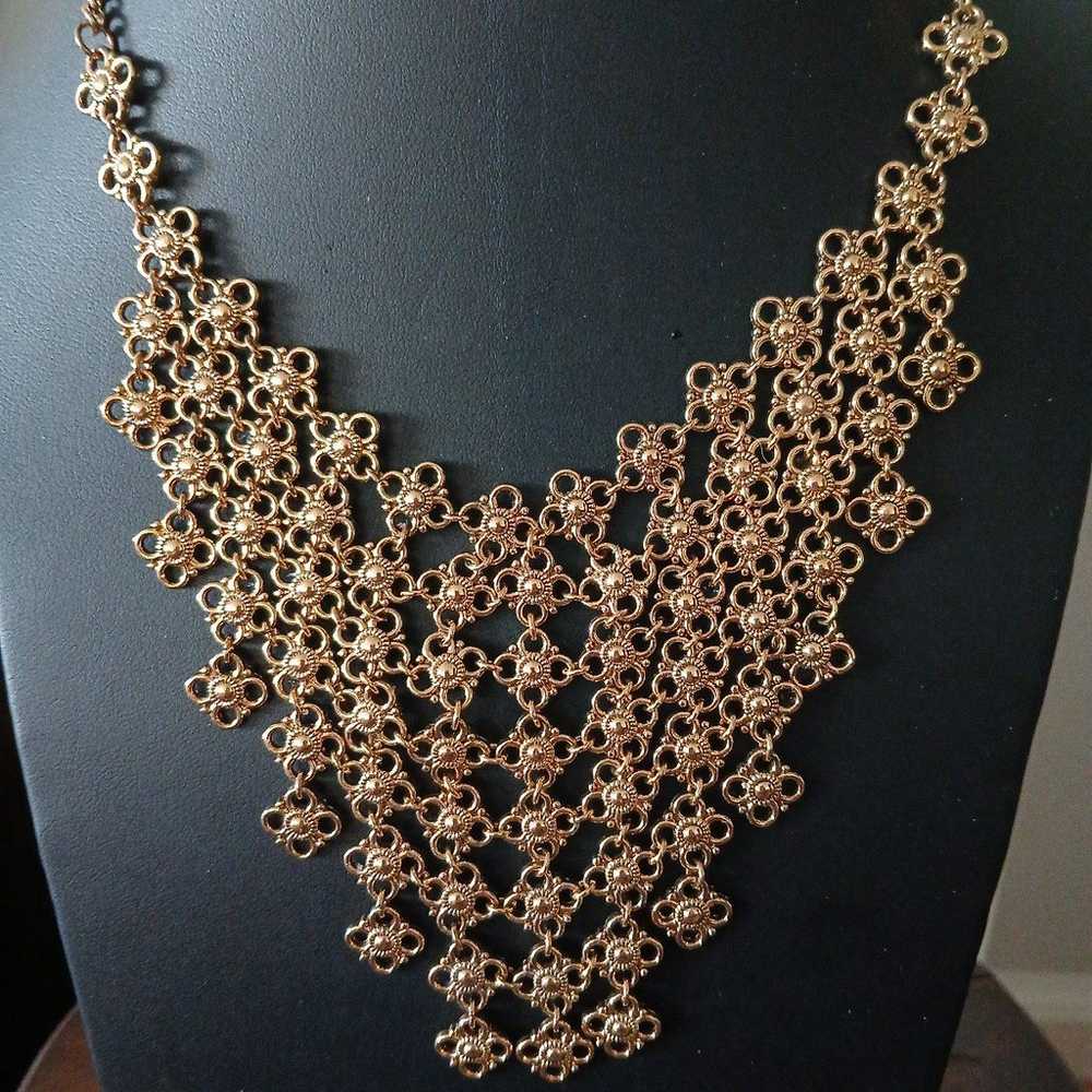 Gold Tone Filigree Floral Bib Necklace - image 1