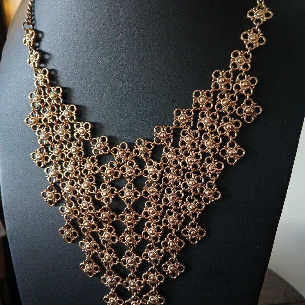 Gold Tone Filigree Floral Bib Necklace - image 2