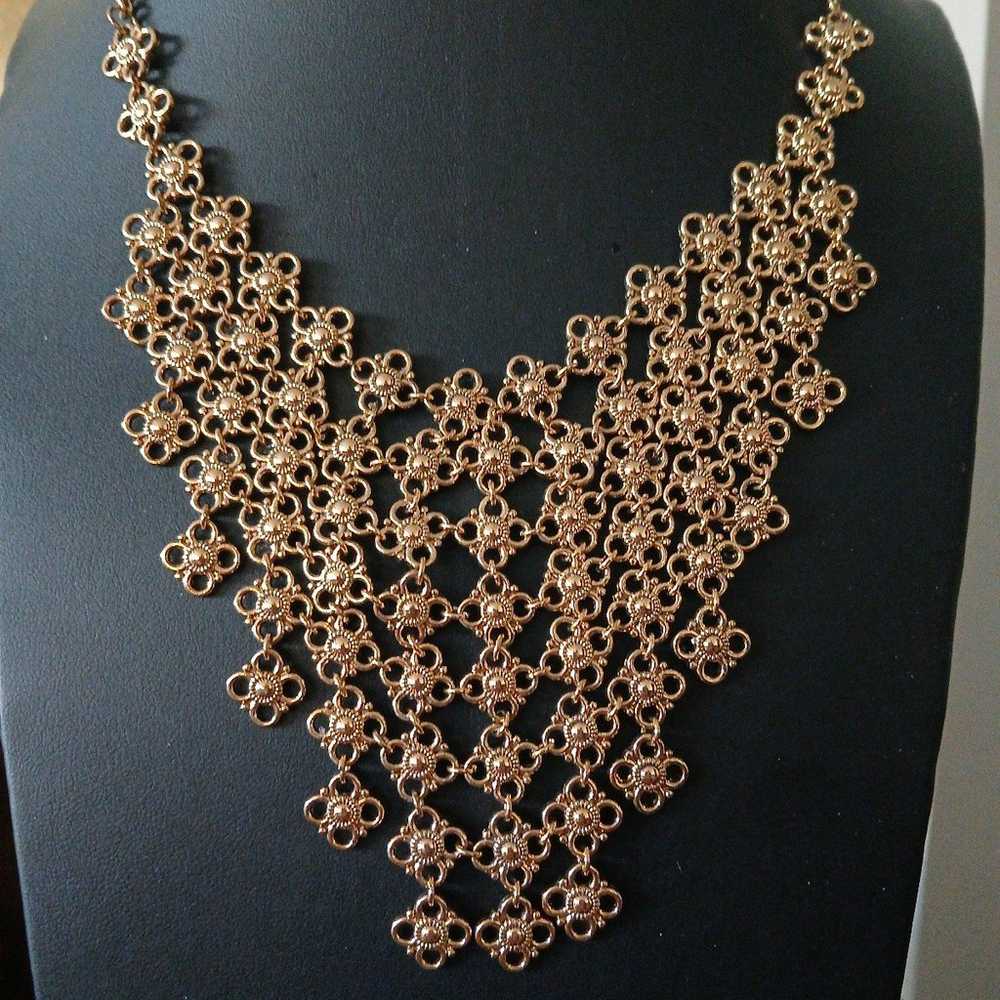 Gold Tone Filigree Floral Bib Necklace - image 3