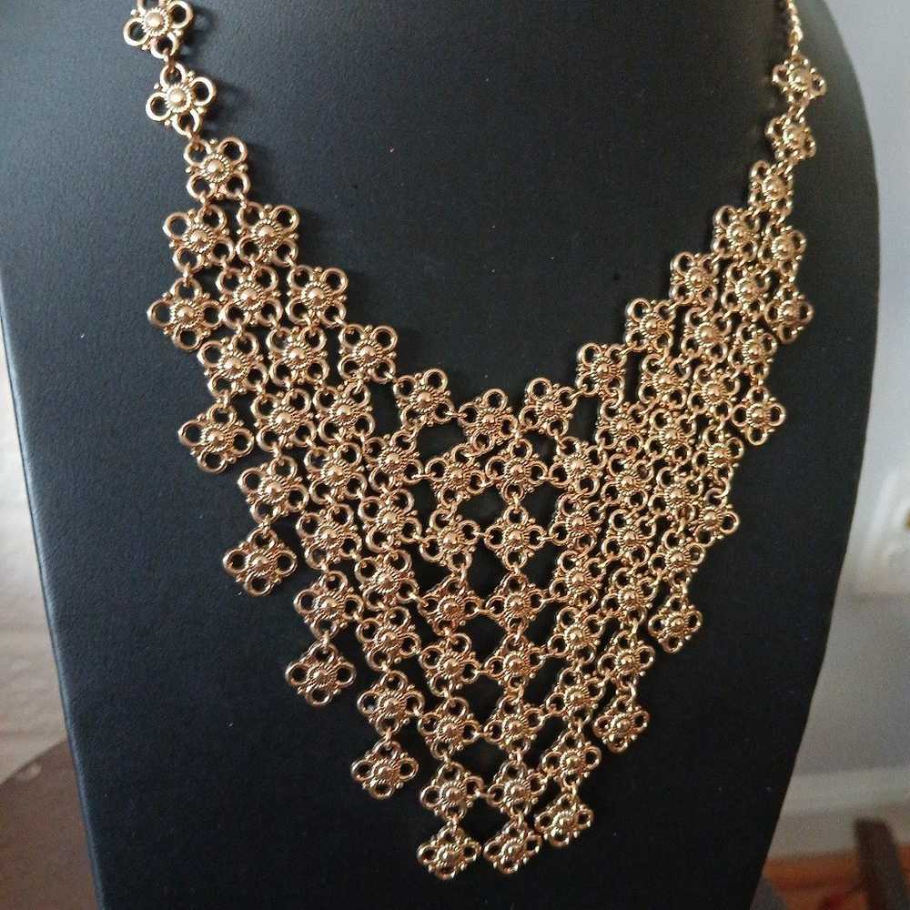 Gold Tone Filigree Floral Bib Necklace - image 4