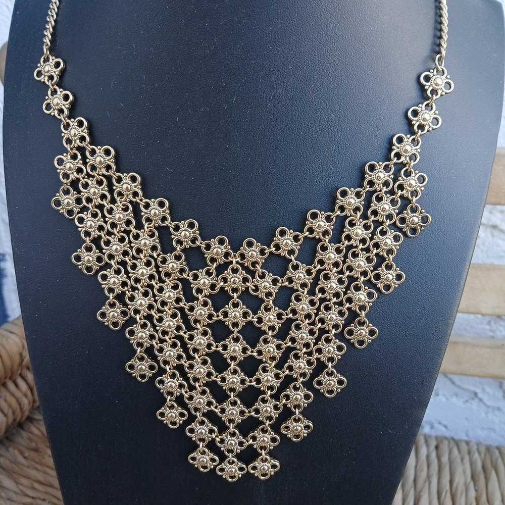 Gold Tone Filigree Floral Bib Necklace - image 7