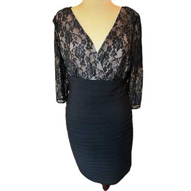 Adrianna Papell Black/Lace V Neck Lace Overlay Mid