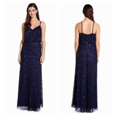 Adrianna Papell Navy Blue Sequins Evening Gown