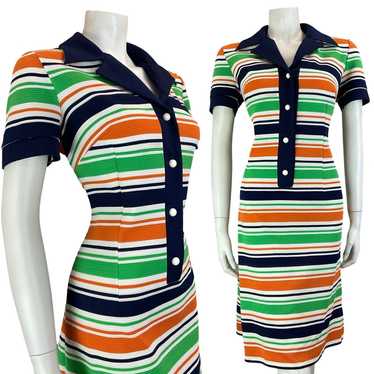 VTG 60S 70S STRIPED NAVY BLUE WHITE ORANGE GREEN … - image 1