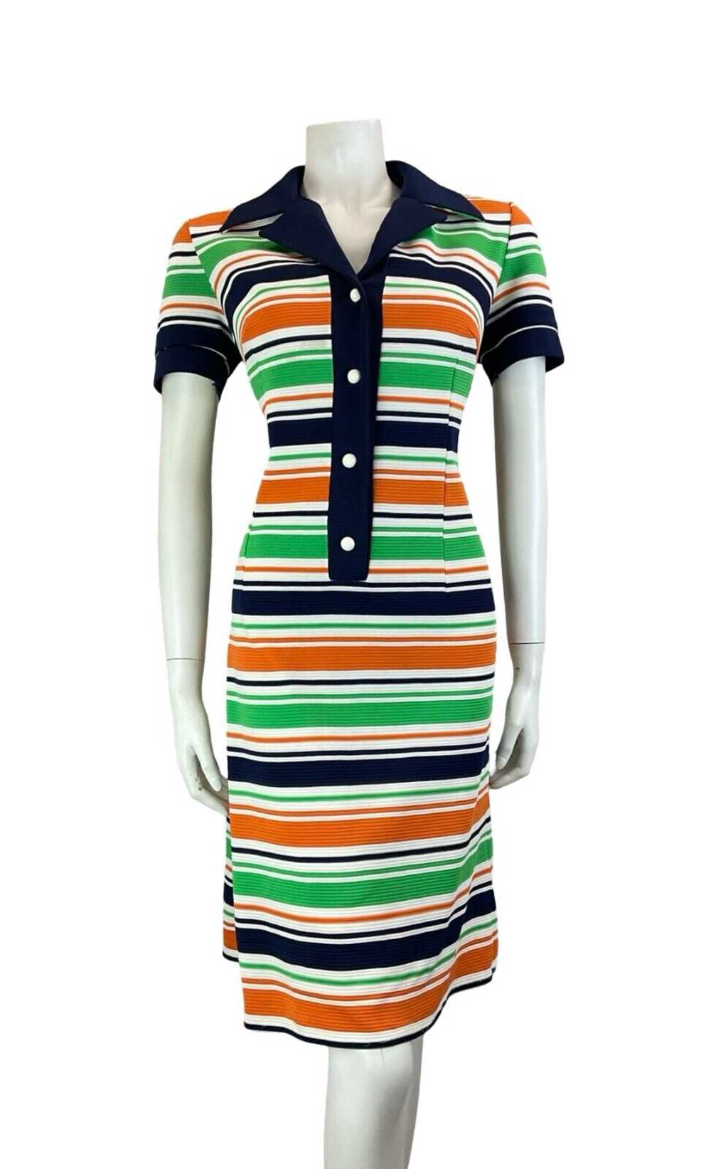 VTG 60S 70S STRIPED NAVY BLUE WHITE ORANGE GREEN … - image 2