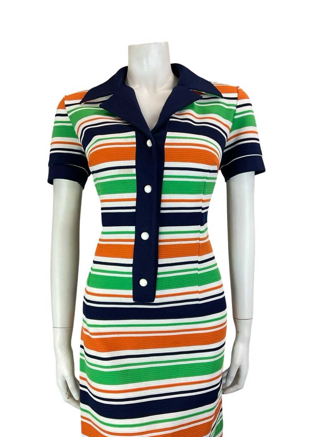 VTG 60S 70S STRIPED NAVY BLUE WHITE ORANGE GREEN … - image 3