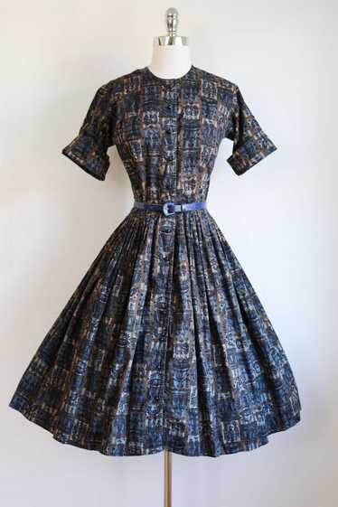 Vintage 1950s Dress - Tans + Blues Pure Cotton Nov