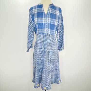 April Cornell Dress L Blue White Cotton Midi Plai… - image 1