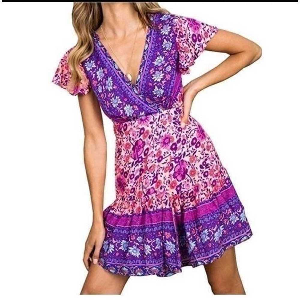 Bohemian V Neck Printed Ruffle Hem Dress - image 5