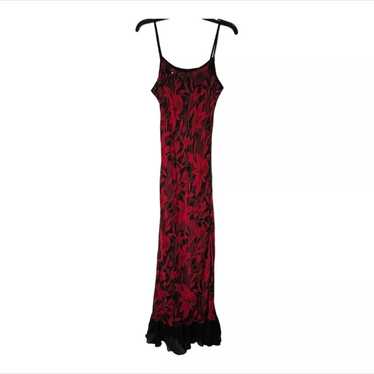 Vintage 90s Red Maxi Slip Dress Black Floral Shee… - image 1