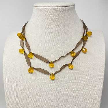 Nine West Ribbon Necklace Yellow Glass Beads Face… - image 1