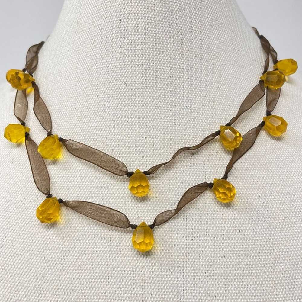 Nine West Ribbon Necklace Yellow Glass Beads Face… - image 2