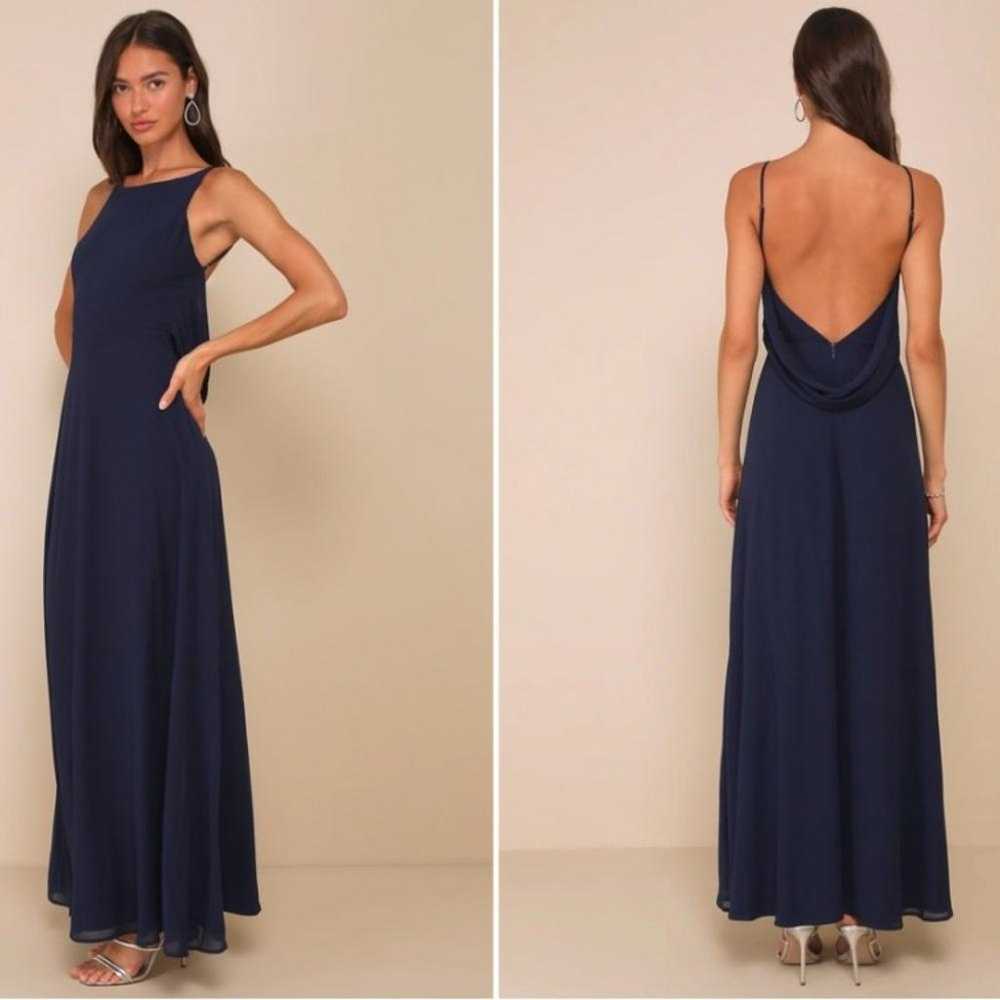 LULU's Prom Wedding Flowy Romantic Open Back Navy… - image 1