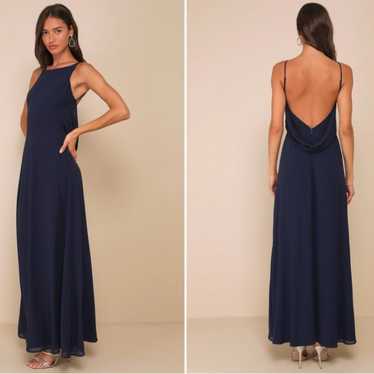 LULU's Prom Wedding Flowy Romantic Open Back Navy… - image 1